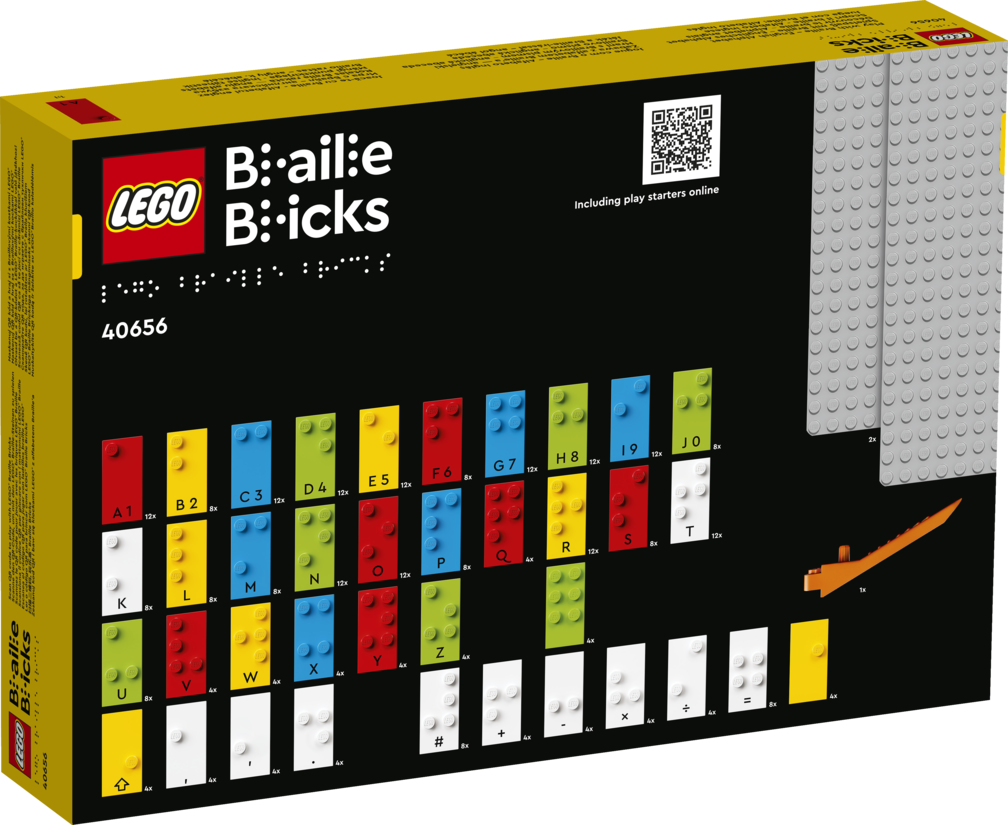The back image of the box of LEGO Braille Bricks